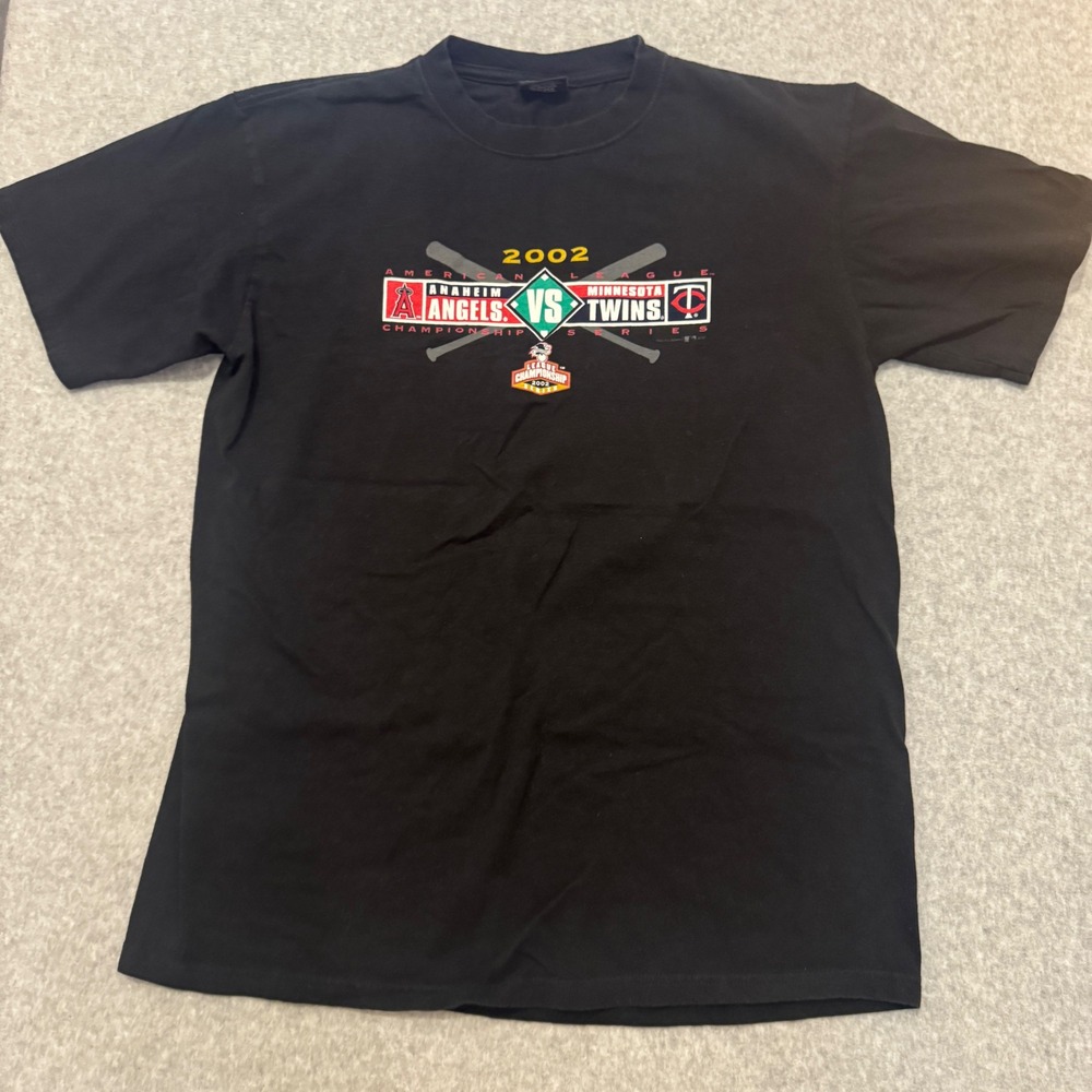 Vintage 2002 ALCS Anaheim Angels vs Minnesota Twins Black T-Shirt Mens L MLB